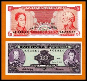Venezuela Set UNC Notes 5 Bolivares 1989 P-70 & 10 Bolivares 1995 P-61 BankNotes - Picture 1 of 2