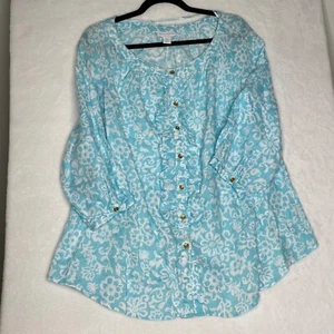 Charter Club Top Aqua Blue Sz 1X White Floral 100% Linen Ruffle Button Up Resort - Picture 1 of 6