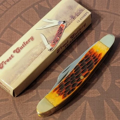 Frost Cutlery Knife Medium Stockman Jigged Burnt Orange Bone Handles Foto 1 de 4