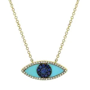 Collar Mal de Ojo Oro Amarillo 14K Zafiro Azul Diamante Turquesa 0.74 CTW - Imagen 1 de 4