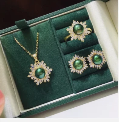 Aretes con incrustaciones GP de oro de 18 quilates con cuentas de perlas + anillo + conjunto de collar colgante AAA + caja de regalo Foto 1 de 4