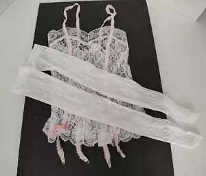 Vtg 80s Lingerie White Lace Teddy Garters Hose Seductive Undercover Wear Small - Picture 1 of 14