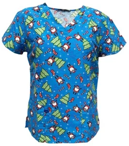Women's Fashion Medical Nursing Scrub Tops Royal Santa Hurry Down the Tree Large - Picture 1 of 3