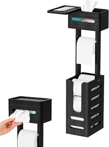 New-Black Toilet Paper Holder Stand, Bamboo Free Standing Toilet Paper Holder wi - Picture 1 of 6