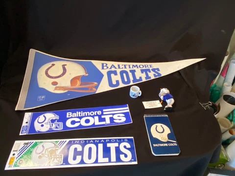 Lot Vtg Baltimore Colts Memorabilia Pennant Bumper Sticker Figure Mini Mug Pad Cover