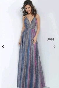 Abito da ballo lungo iridescente scintillante Jovani JVN4280 aperto dietro scollo a V taglia 0 - Foto 1 di 16