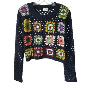 Maglione Debutto Granny Square Uncinetto Multicolore Colorato Nero Manica Lunga Top S - Foto 1 di 6