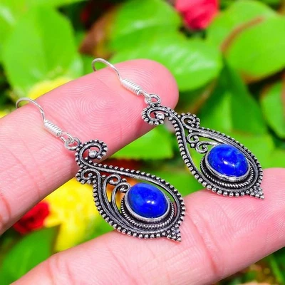 Natural Lapis Lazuli Gemstone 925 Sterling Silver Gift Earring 2.01" Gift t705 - Image 1 of 4