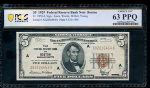 AC 1929 $5 FRBN Boston PCGS 63 PPQ Fr 1850-A uncirculated - Picture 1 of 2