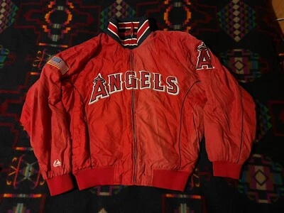 RARE Sz L - Anaheim Angels Authentic Home Dugout Jacket USA Flag Majestic 2003 - Image 1 of 4