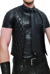 Men's Real Lamb Leather Bartender Vest Quilted Lamb Leather Vest Front Open Vest - Picture 1 of 2