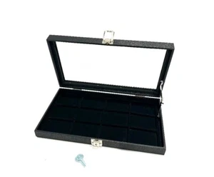 Black Key Locking Glass Top Lid 18 Space Jewelry Display Case with Lid Support - Picture 1 of 3