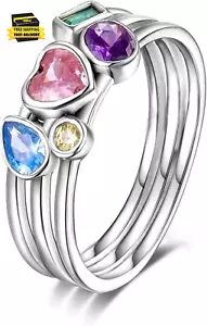 925 Sterling Silver Women Rings with Colorful Cubic Zirconia Ring Stackable Vint - Picture 1 of 7