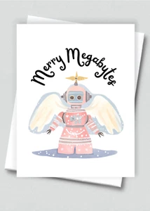 Set of 20 handmade Robot Merry Megabytes Christmas cards with white envelopes - Picture 1 of 1