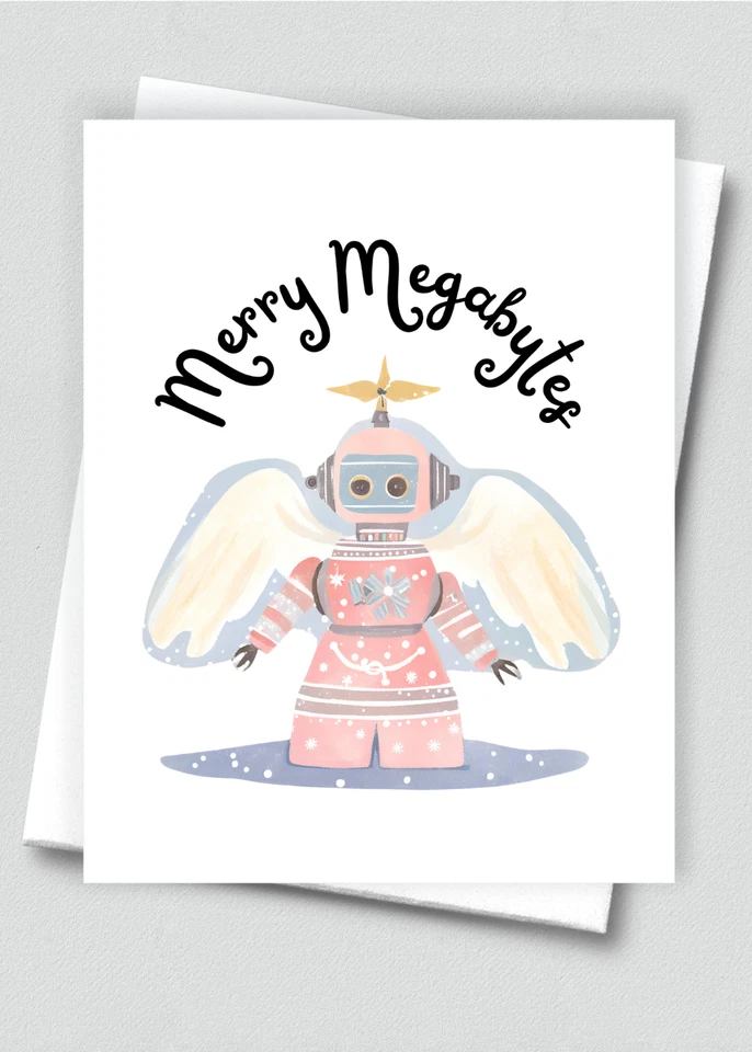 Set of 20 handmade Robot Merry Megabytes Christmas cards with white envelopes - Image 1 of 1