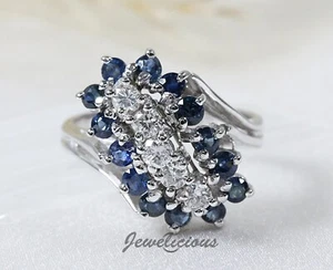 14K White Gold Natural Diamonds and Sapphires Waterfall Cluster Ring - Picture 1 of 6