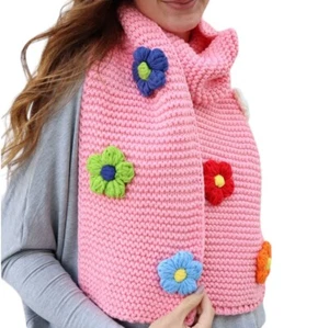 Womens Scarf Knit Pink Thick Scarf 3D Flower Winter Scarf Warm Stretch New - Picture 1 of 9