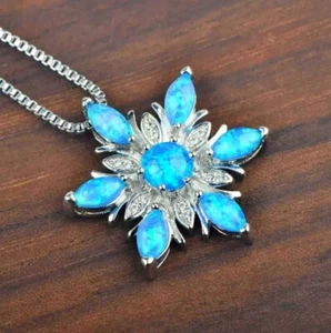Blue Fire Opal & Zircon Snowflake Pendant .925 Sterling Silver- 17"+2" Chain - Picture 1 of 1