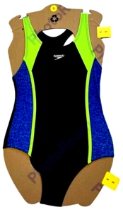 Speedo Swimsuit Girls Small 7/8 Racerback One Piece UPF 50+ Dark Blue Neon Green - Picture 1 of 9