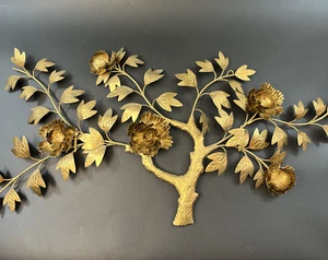 Vtg 3D Gold Metal Floral Tree Leaves Wall Art Hanging Décor Large 32" MCM Boho - Picture 1 of 12