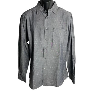 Airwalk Swiss Dot Button Up Shirt L Grey Roll Tab Sleeve Chest Pocket Flip Cuff - Picture 1 of 6