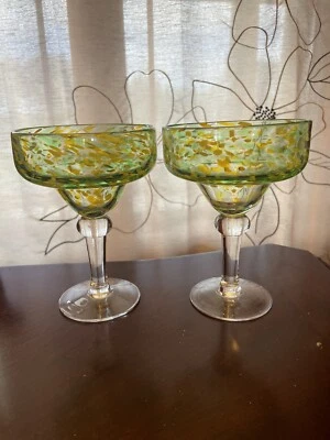 "2 vasos Pier 1 Margarita confeti amarillo verde vidrio 6,75"" de alto" Foto 1 de 4