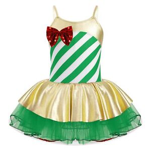 Kids Girls Sequins Striped Dancewear Costume Christmas Mesh Tutu Dress Leotard