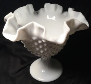 White Milk Glass 6" Trumpet Vase w/Ruffled Rim Beaded Pattern - Picture 1 of 5