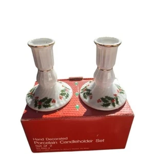 Vintage Christmas Holly Fine Porcelain Japan 2 Candlesticks Candle Holders - Picture 1 of 2
