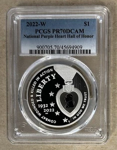 2022-W PURPLE HEART HALL OF HONOR SILVER DOLLAR COIN PCGS PR70DCAM - Picture 1 of 2