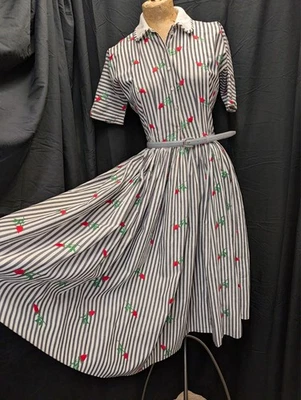 1950s Grey & White Stripe Cotton Red Green Flower Patch Dress Small - Image 1 of 4