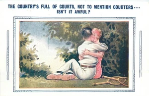 Postal de cómic de tenis de Bamforth. Abrazo hombre y mujer. - Imagen 1 de 2
