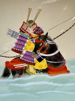 Japanese Midcentury Original Painting Oil On Silk Samurai On Black Horse - Image 1 of 4