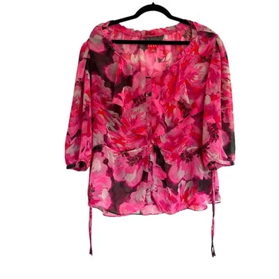 Blusa Elle Rosa Transparente Floral Cuello Volantes Maximalista Floral Talla XL Foto 1 de 4