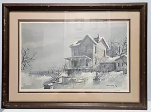 Litografía offset firmada por Robert Fabe - Casa y niña en nieve de invierno - Enmarcada - Imagen 1 de 6