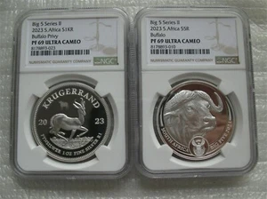South Africa R5 2023 Silver Proof 1OZ Two Coin Buffalo Krugerrand Privy NGC PF69 - Picture 1 of 7