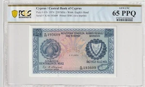 Cyprus 1974 250 Mils PCGS Certified Banknote UNC 65 PPQ Gem Pick 41b - Picture 1 of 2