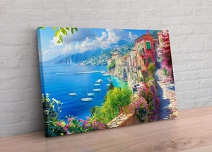 Mediterranean Sea Beach View Villas Flowers Wall Art Picture Canvas Print - Picture 1 of 2
