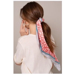 Square Scarf Hair Tie Neck Purse Accent Coral Silver Leopard Print NEW - Picture 1 of 3
