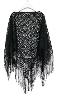 Vintage SHEER FRINGED LACE PONCHO One Size SHORT CAPE Scarf Shawl TASSELS Black - Picture 1 of 1