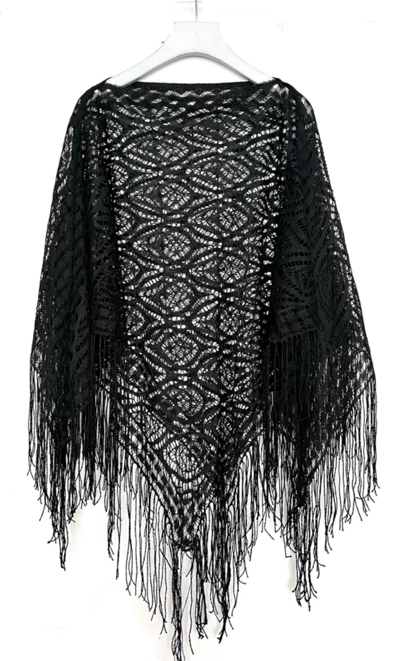 PONCHO DE ENCAJE TRANSPARENTE CON FLECOS de colección talla única CAPA CORTA bufanda chal borlas negro Foto 1 de 1