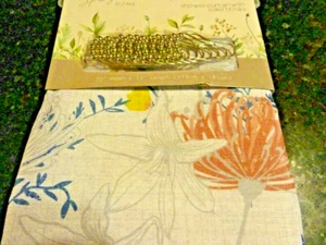 NWT 13 pc Fabric SHOWER CURTAIN Large Bold Wild Flowers peach melon blue gray - Picture 1 of 5