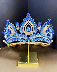 Quinceanera Crown, Blue Rhinestone Crown, Large Size Crown, Gold Crystal Crown - Picture 1 of 9