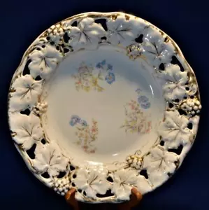 Atq CT Germany Porcelain Gold Gilt Pink Blue FLOWERS 11 3/4"d Pierced Rim Plate - Picture 1 of 4