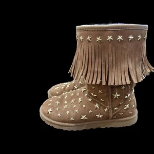Jimmy Choo Uggs Größe 7 Chestnut Fransen Stiefel Gold Sterne Kein Karton 1 Stern fehlt - Bild 1 von 17