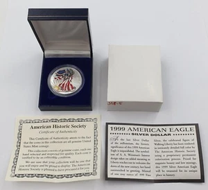 Moneda de plata American Eagle 1999 de 1 oz color .999 a prueba - caja y certificado de autenticidad - Imagen 1 de 2