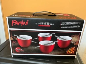 Parini Set Of 4 Red Ceramic Rice Bowls With 8 Stainless Steel Chopsticks New - Picture 1 of 2