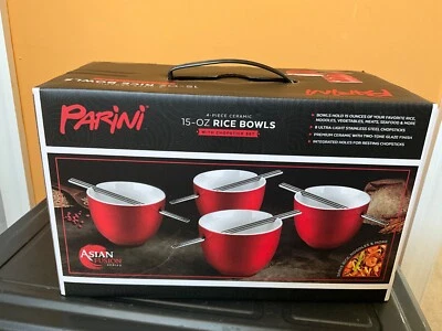 Parini Juego De 4 Arroceros Cerámica Roja Con 8 Palillos Acero Inoxidable Nuevo Foto 1 de 2