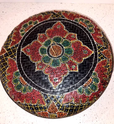 Vintage Round Woven Hand Painted Basket with Lid 14" Diameter - Image 1 of 4