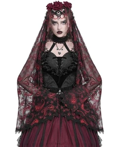Eva Lady Womens Gothic Bride Rose & Crucifix Beaded Paisley Lace Veil Red Black - Picture 1 of 13